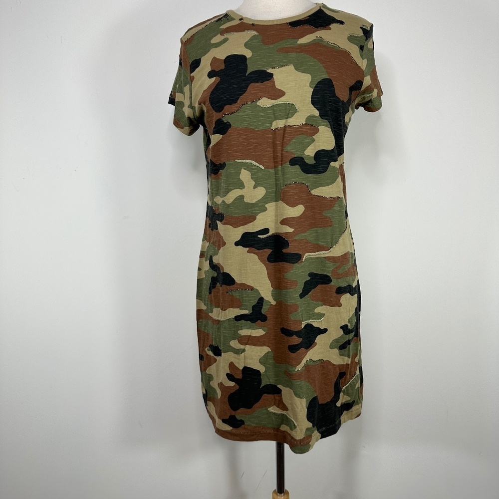 Polo Ralph Lauren Camo Shirt Dress Beaded Short Sleeve Women's Sz XS